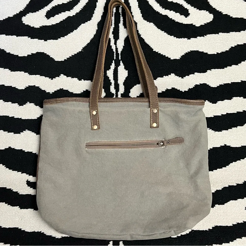 Myra Bag Beige Tribal Patterned Tote Bag Canvas Calf Hair Leather Straps